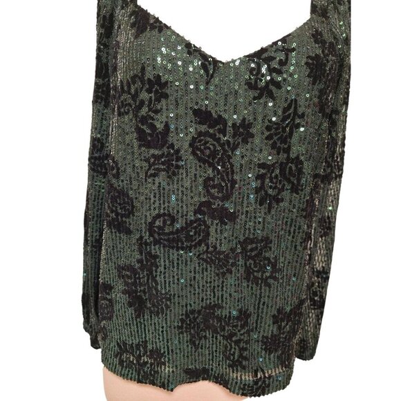 Loft Ann Taylor Womens Sequins All Over Blouse Size Small Green Long Sleeve - Picture 3 of 7